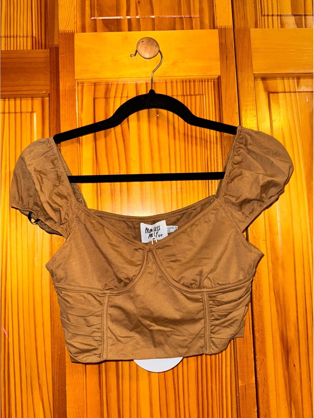 Princess Polly Khaki Puff Sleeve Crop Top